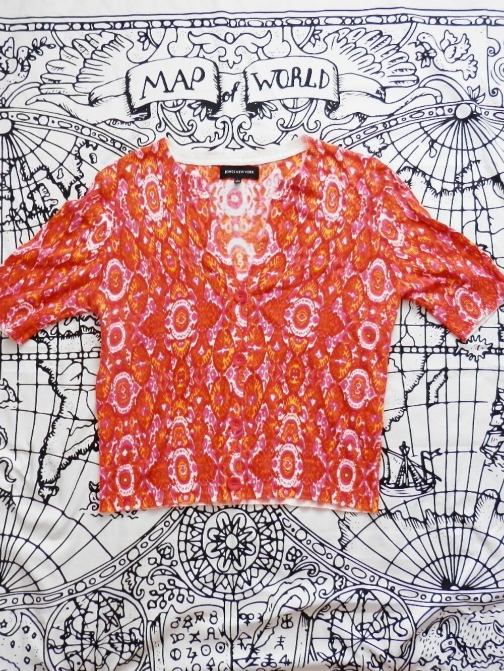 Jones NY || Vibrant Damask Print Short Sleeve Button-Up Cardigan Top